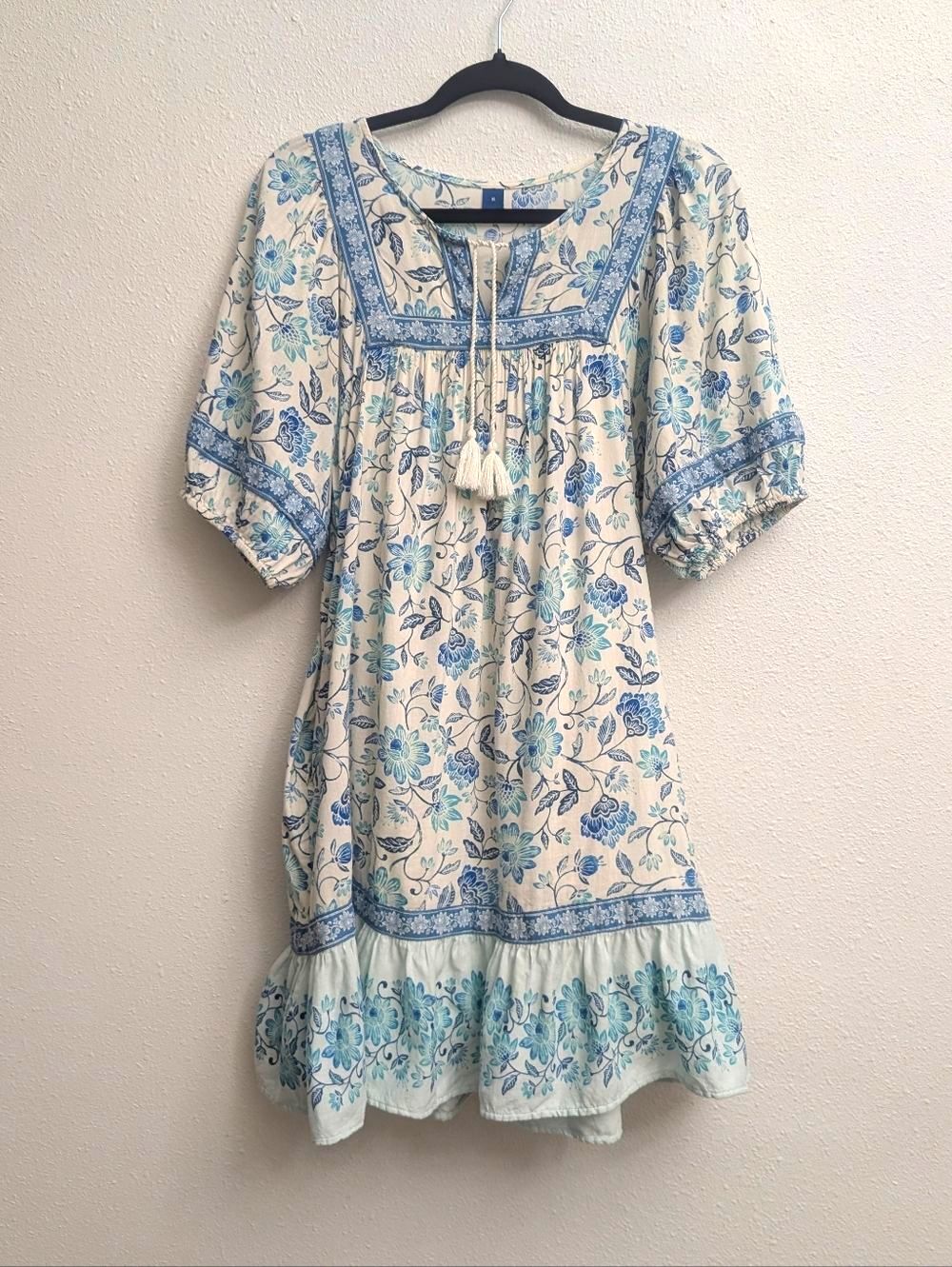 Old Navy Puff-Sleeve Printed Mini Swing Dress Medium Blue Blossoms - Picture 3 of 7